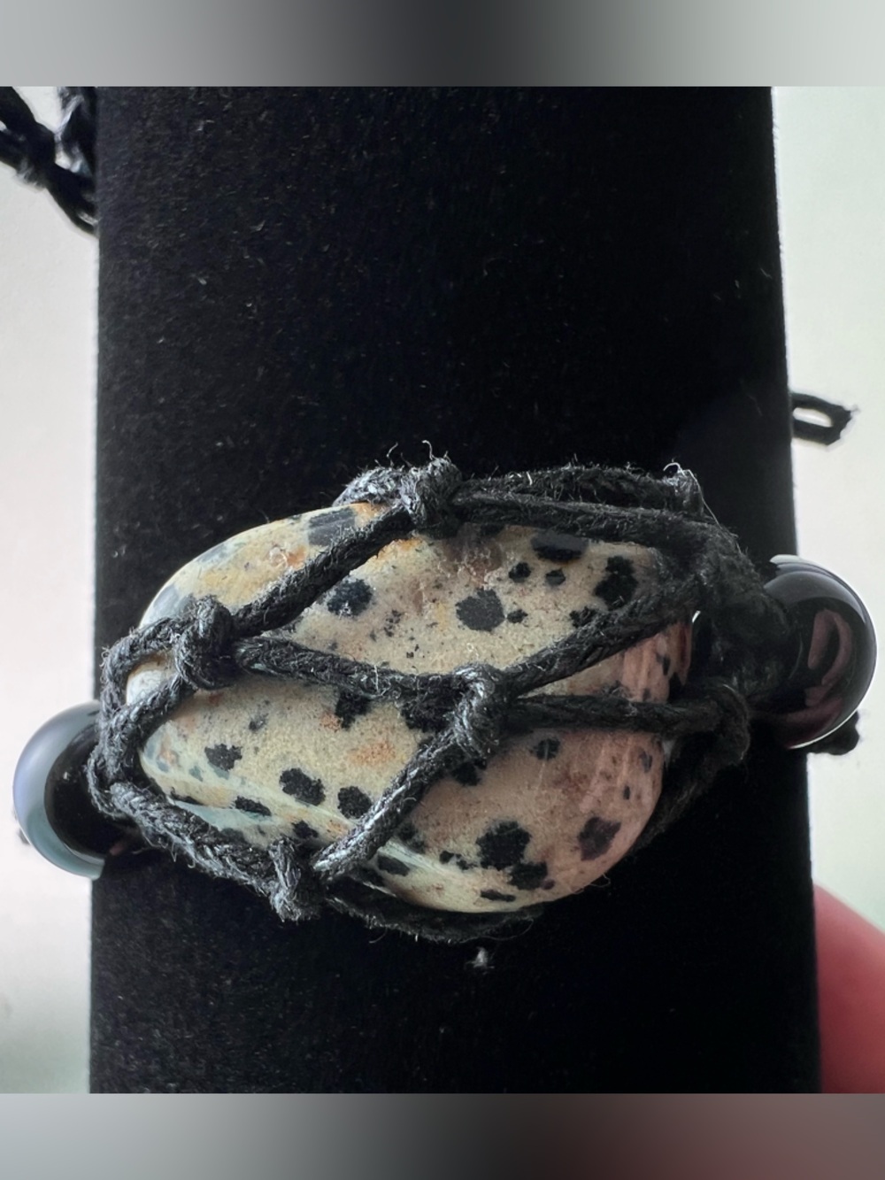 Adjustable Black Braided Bracelet with Dalmatian Jasper